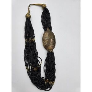 Vintage Multi-Strand Black Seed Bead Necklace Hammered Brass Oval Pendant Boho